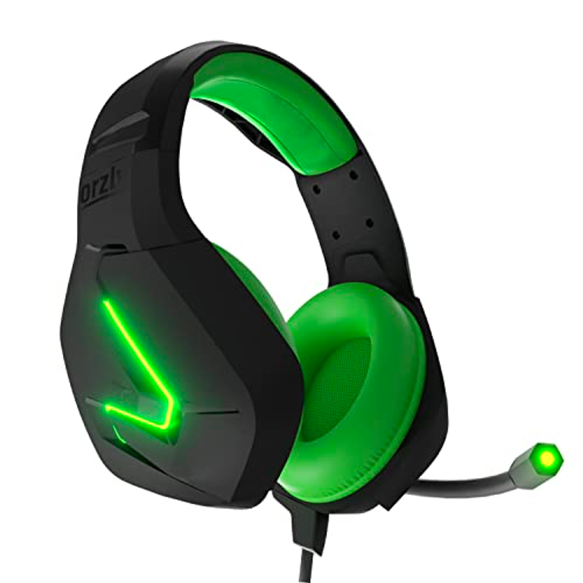 Cuffie da gioco nere e verdi con microfono. Le luci sono accese.
