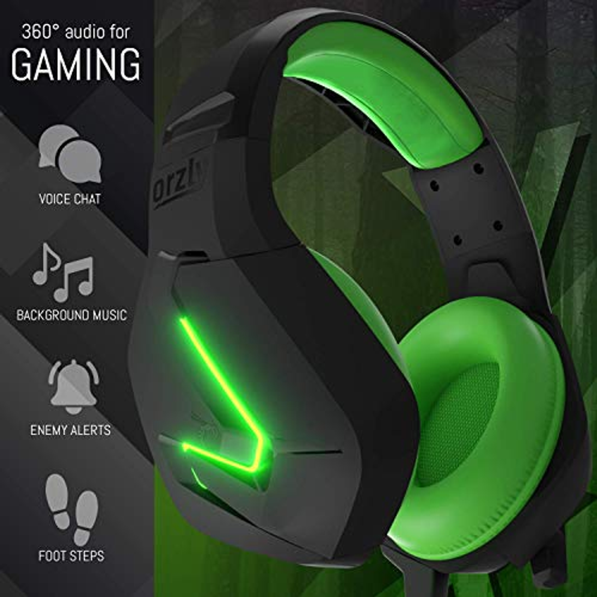 Cuffie da gioco con dettagli verdi. Testo a sinistra. Sono nere e verdi.