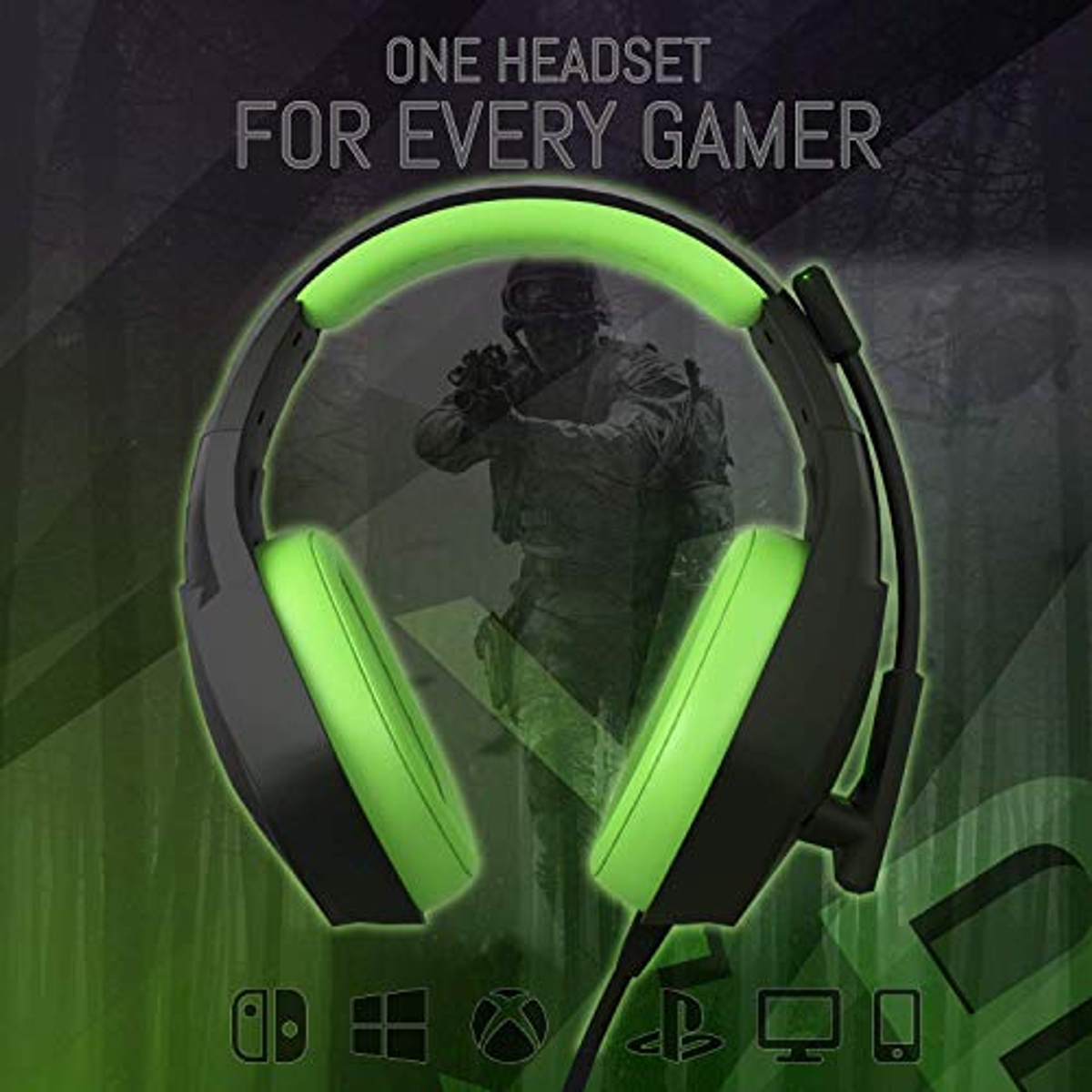Cuffie da gioco con luci verdi, sfondo scuro e la scritta 'One Headset For Every Gamer'.