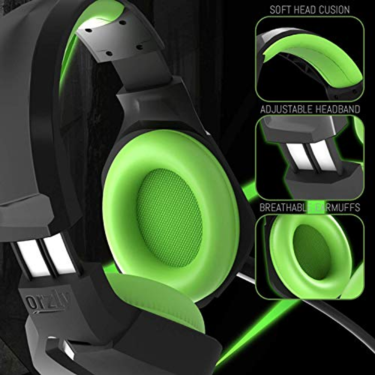 Primo piano di cuffie da gaming con padiglioni e dettagli verdi. Include cuscinetti morbidi e fascia regolabile.