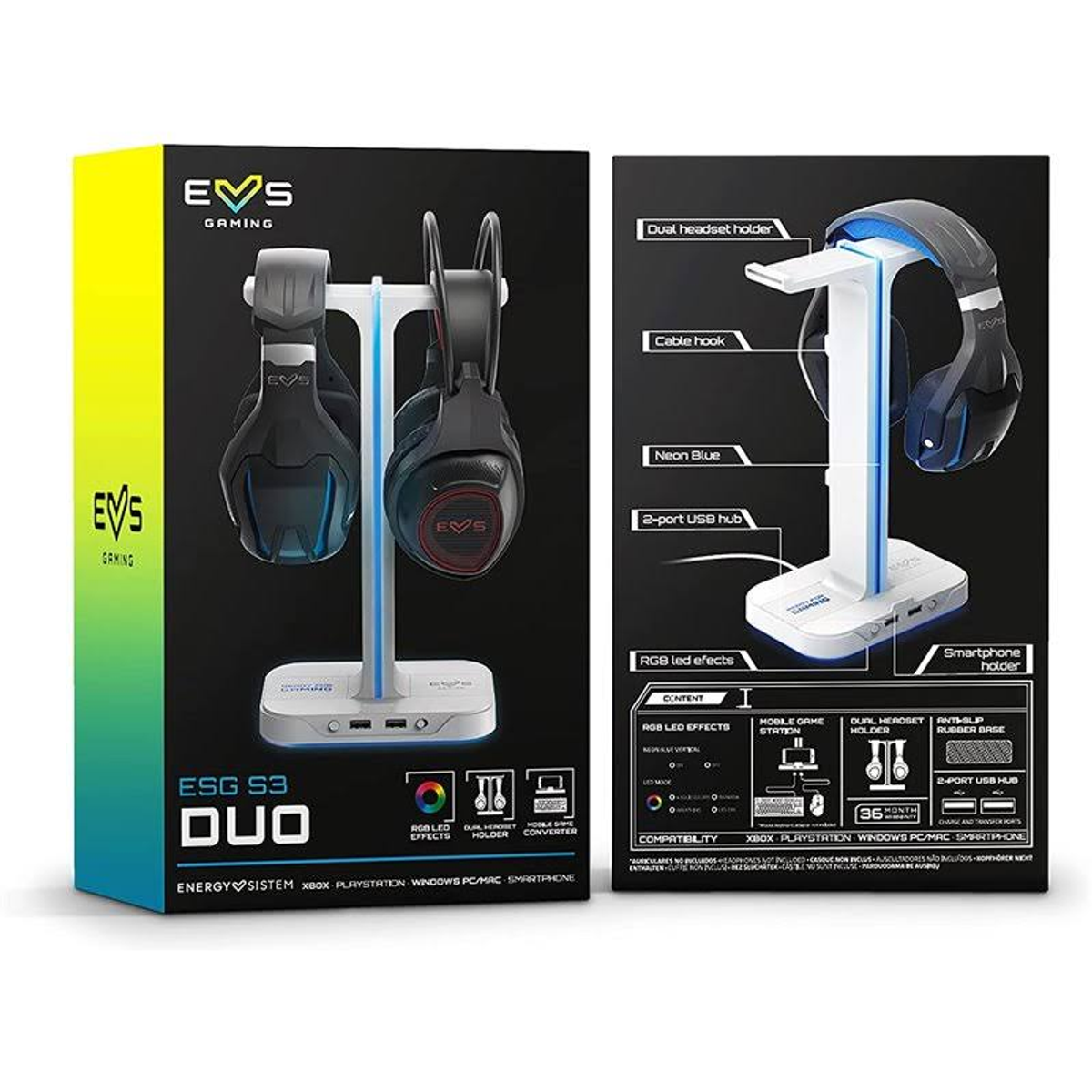 Un soporte de exhibición para auriculares gaming. Se muestran dos auriculares con una luz LED azul neón.