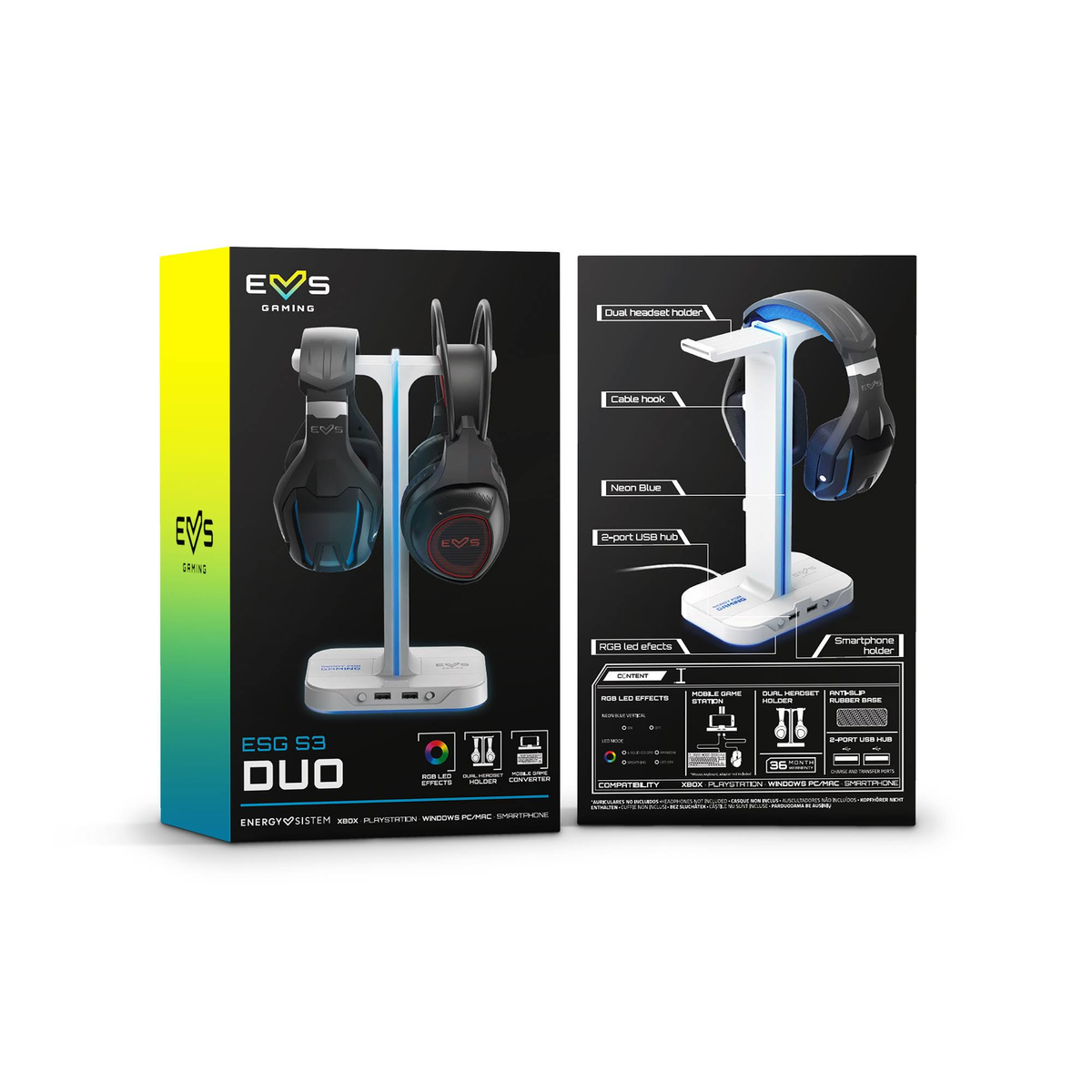 Soporte para auriculares gaming. El soporte es blanco y tiene luces azules.
