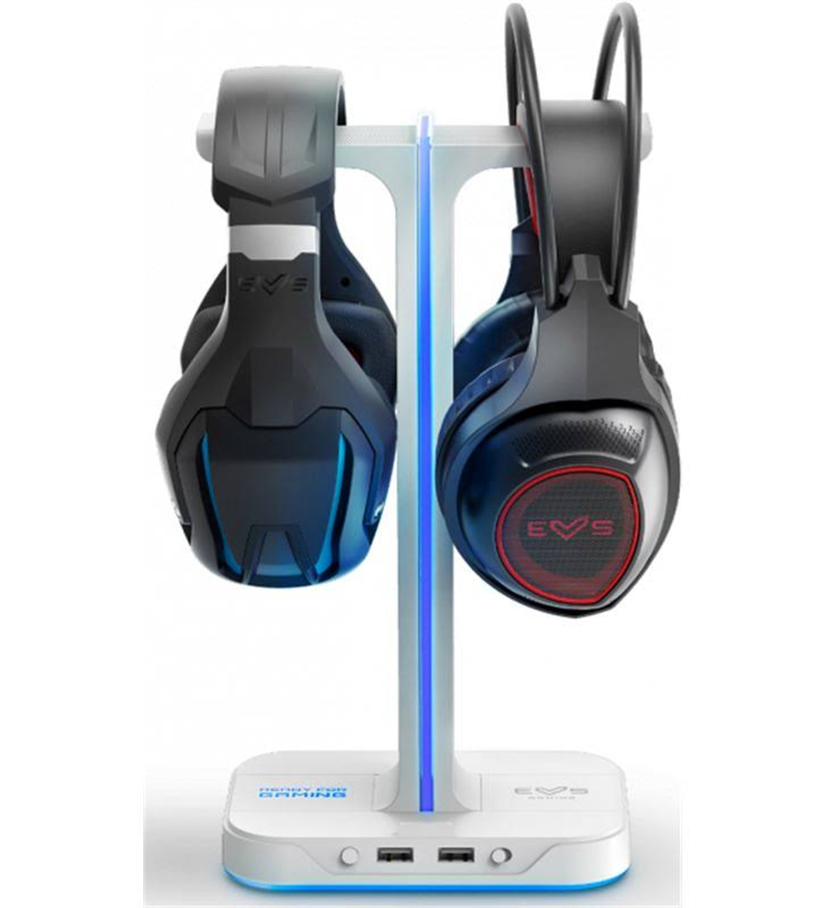 Dos auriculares para juegos colgando de un soporte blanco con una luz azul.