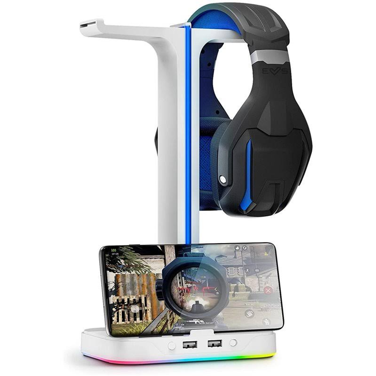 Soporte para auriculares con un teléfono que muestra un juego. El soporte tiene puertos USB.