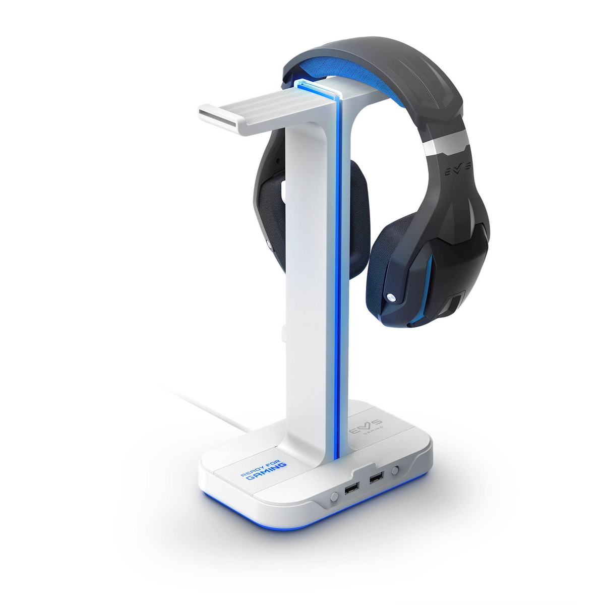 Un soporte para auriculares con un auricular encima, con las palabras READY FOR GAMING en la base.