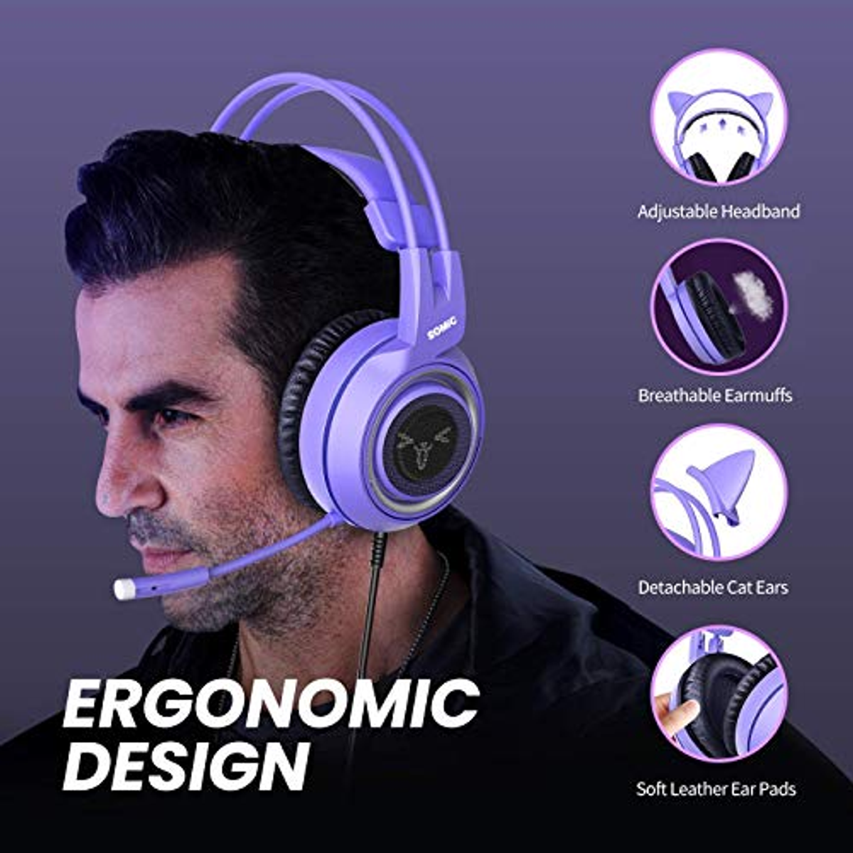 Un uomo con cuffie viola con dettagli sul design ergonomico, comprese orecchie di gatto e cuscinetti.