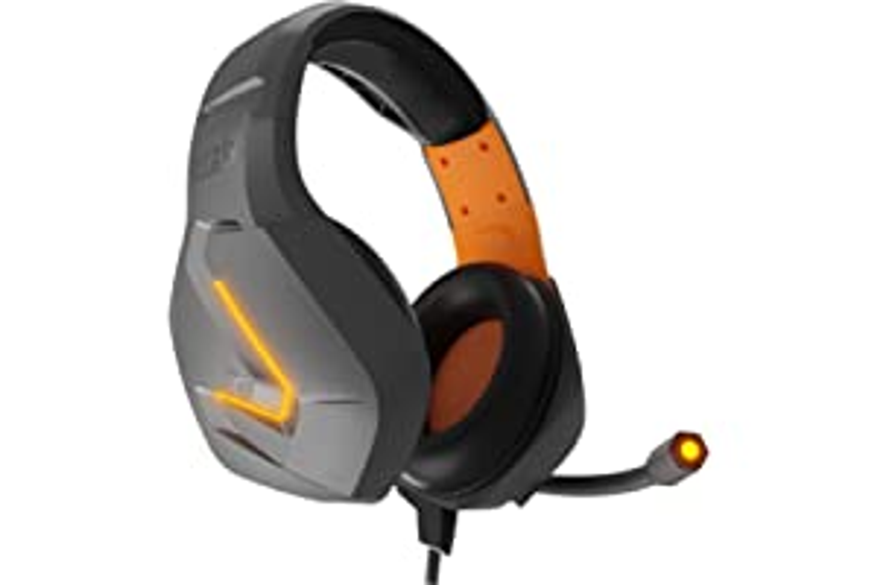 Cuffie da gioco nere e grigie con dettagli arancioni e microfono.