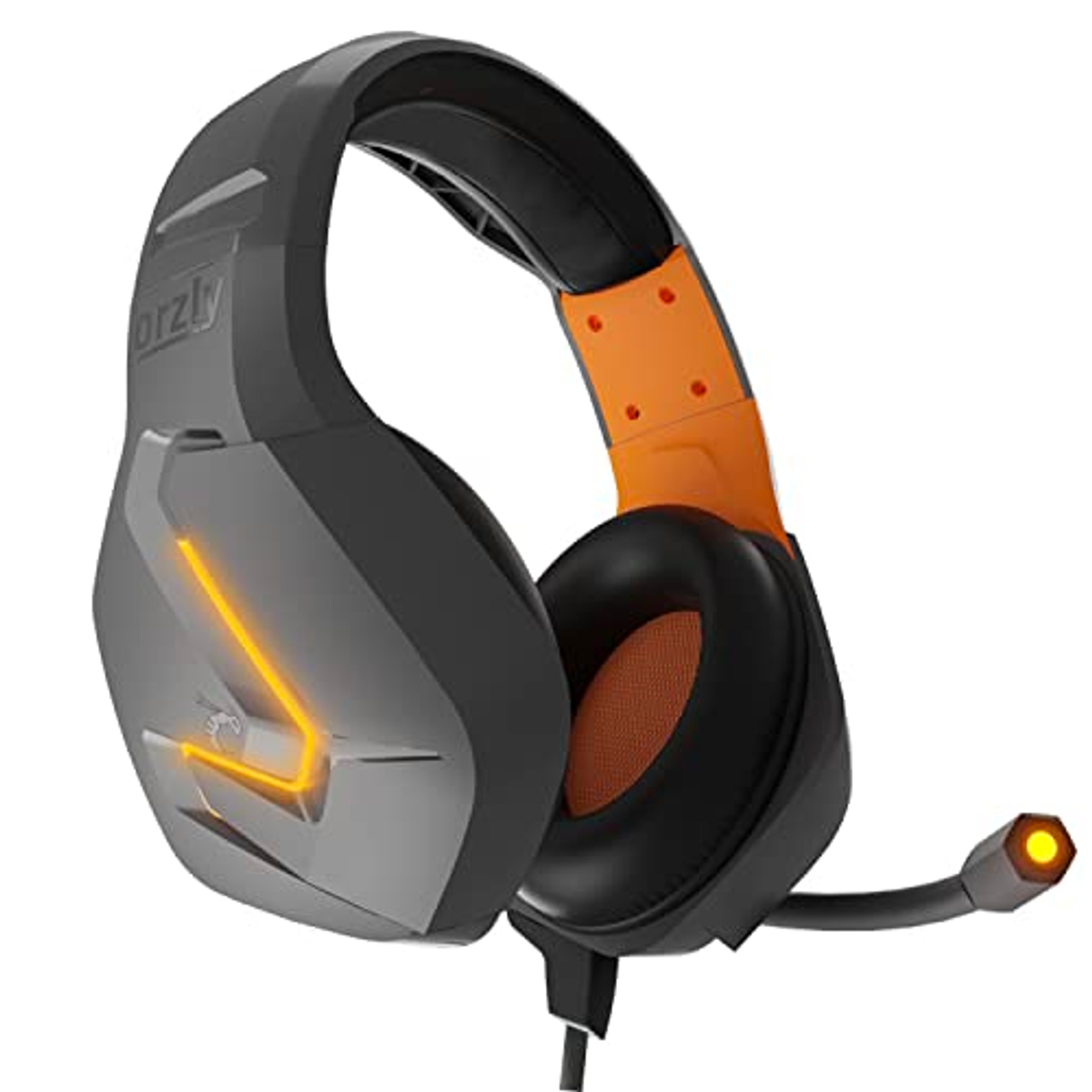 Cuffie da gioco, grigie e nere con dettagli arancioni. Microfono collegato, luci.