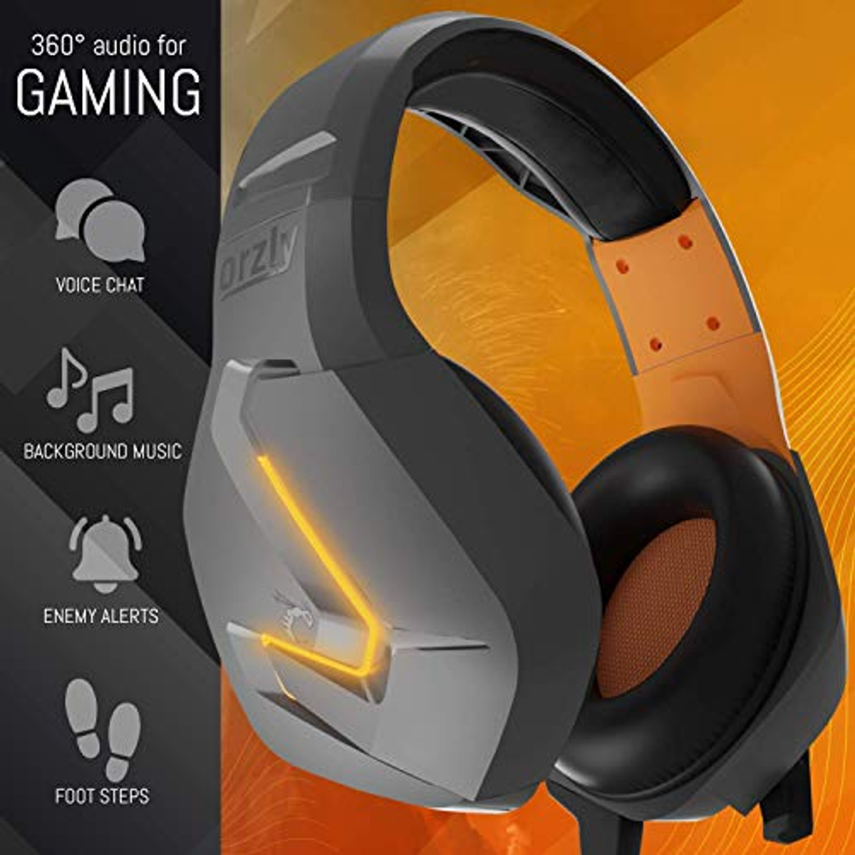 Cuffie da gioco con accenti arancioni. Icone per chat vocale, musica, avvisi e passi. Sfondo scuro.