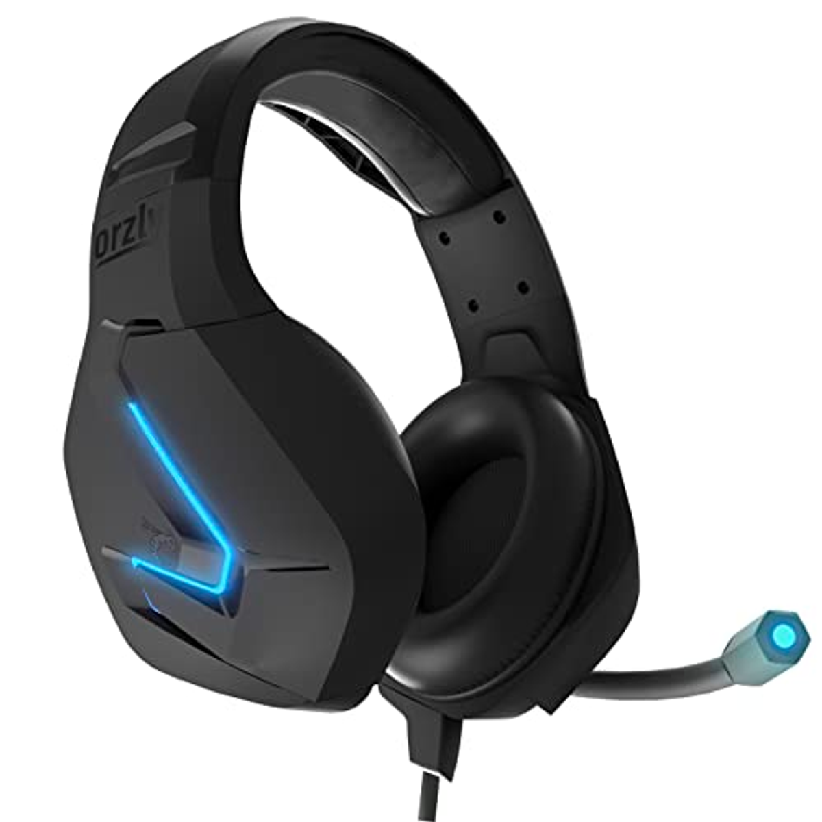 Cuffie da gioco nere con luci blu.