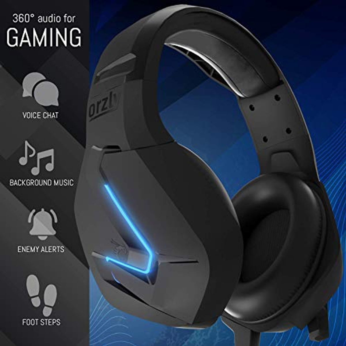 Cuffie da gioco nere con luci blu e icone per chat vocale, musica e altro.