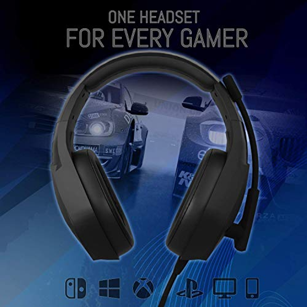 Cuffie nere con sfondo a tema gamer. Tonalità blu e bianche.