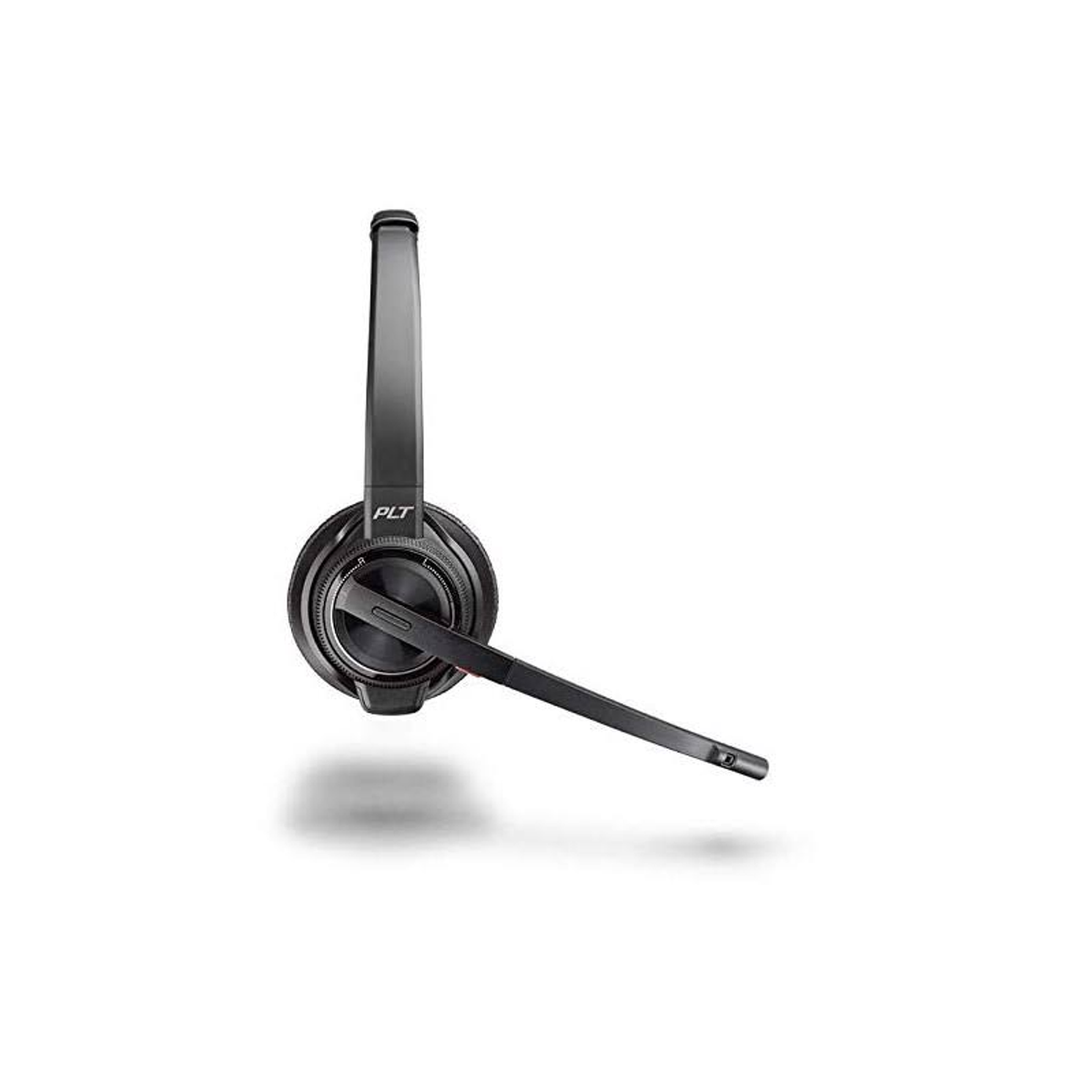 Un casque sans fil noir et gris. Il possède un microphone et se place sur l'oreille.