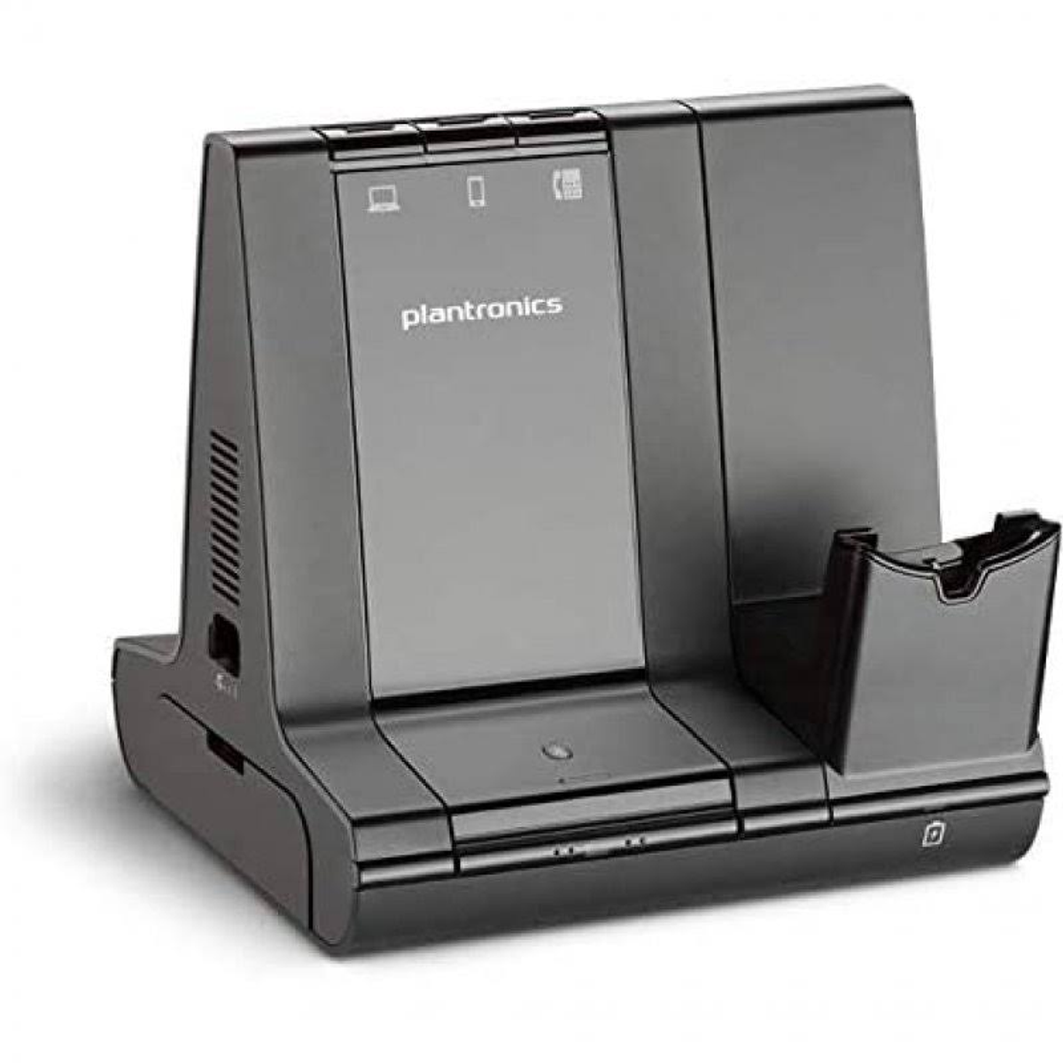 Station d'accueil noire avec 'plantronics', avec différentes interfaces.