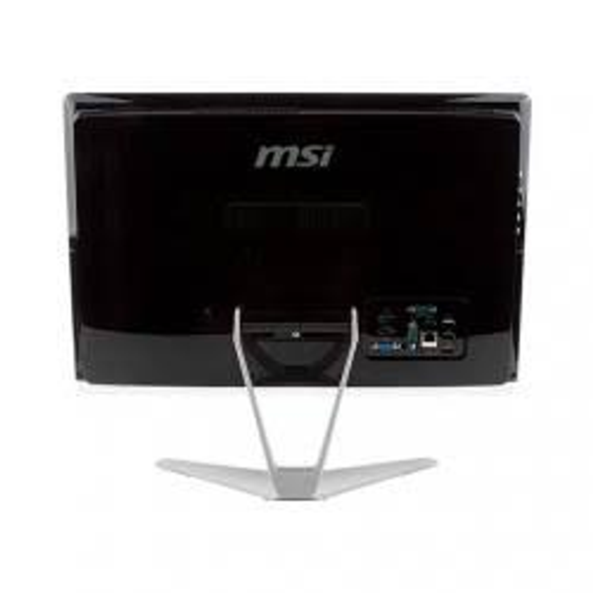 Arrière de l'écran d'ordinateur MSI noir. Support argenté, ports et connexions.