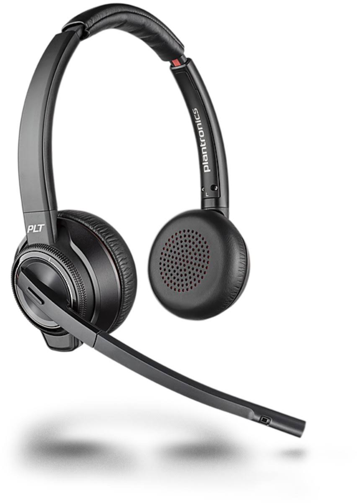 Casque noir avec un microphone. Il a un logo Plantronics.