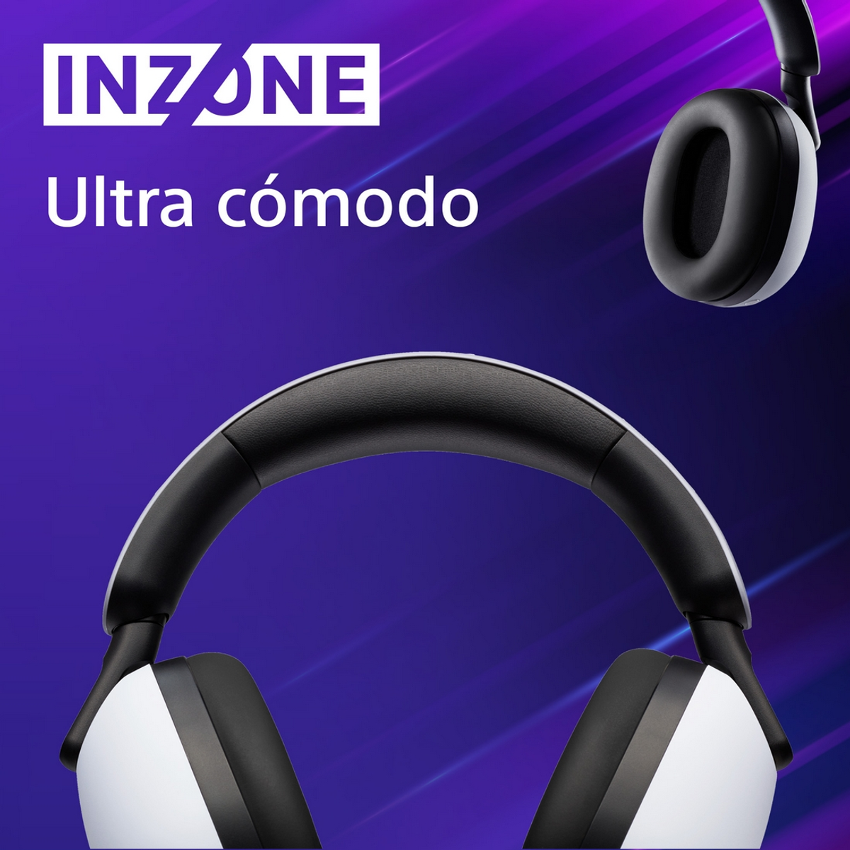 Kopfhörer: weiß und schwarz, Over-Ear-Design, INZONE-Branding, lila Hintergrund.