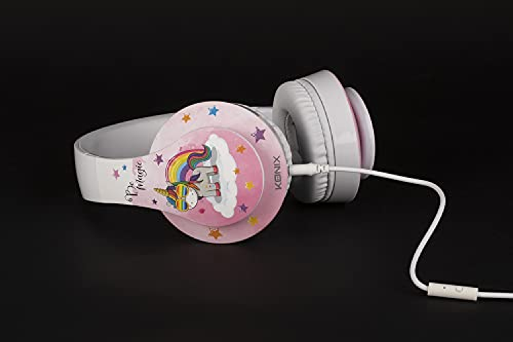 Cuffie rosa e bianche con un design a unicorno. Le cuffie sono su uno sfondo nero.