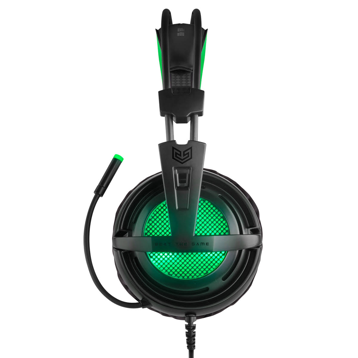 Schwarzes und grünes Gaming-Headset mit Mikrofon. Der Hintergrund ist weiß.