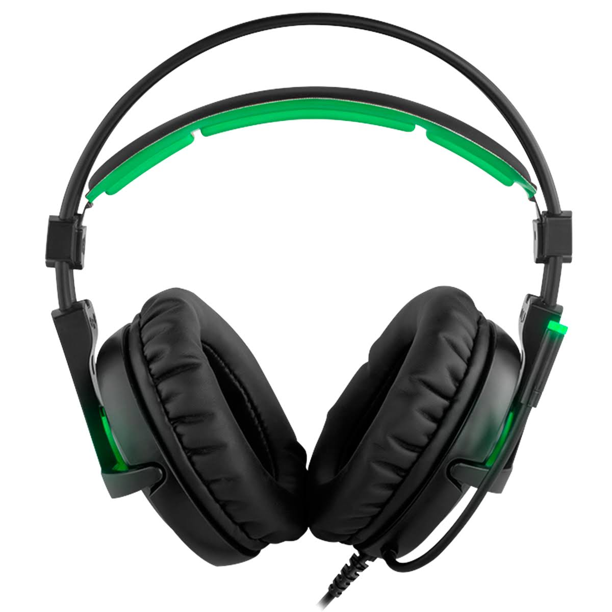 Schwarzes Gaming-Headset mit grünen Akzenten, Draufsicht. Kopfband und Ohrmuscheln sichtbar.
