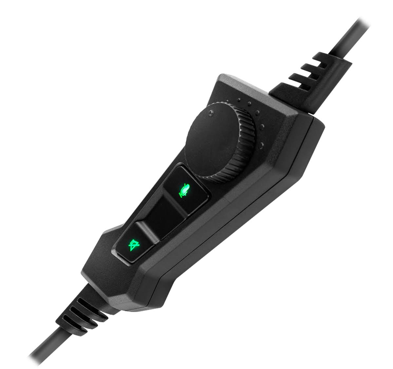 Nahaufnahme der schwarzen Headset-Steuerung mit Lautstärkeregler und Mikrofon-Stummschaltung.