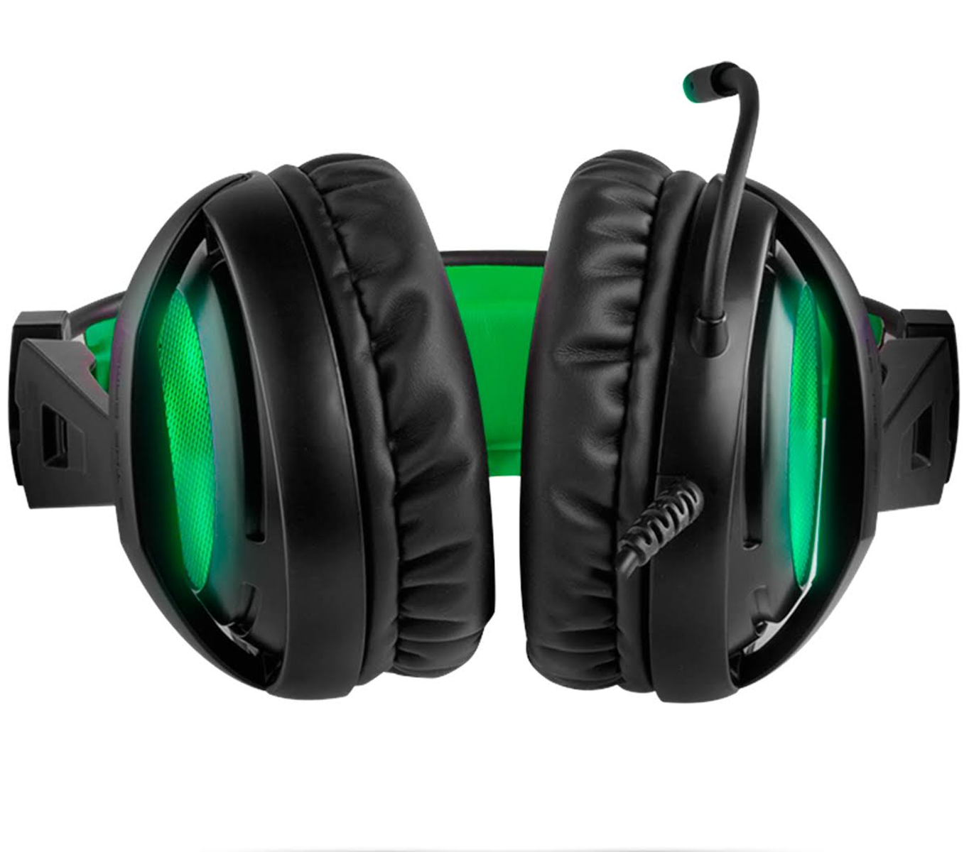Schwarzes Gaming-Headset mit grüner Beleuchtung. Ein Mikrofon ist angebracht.