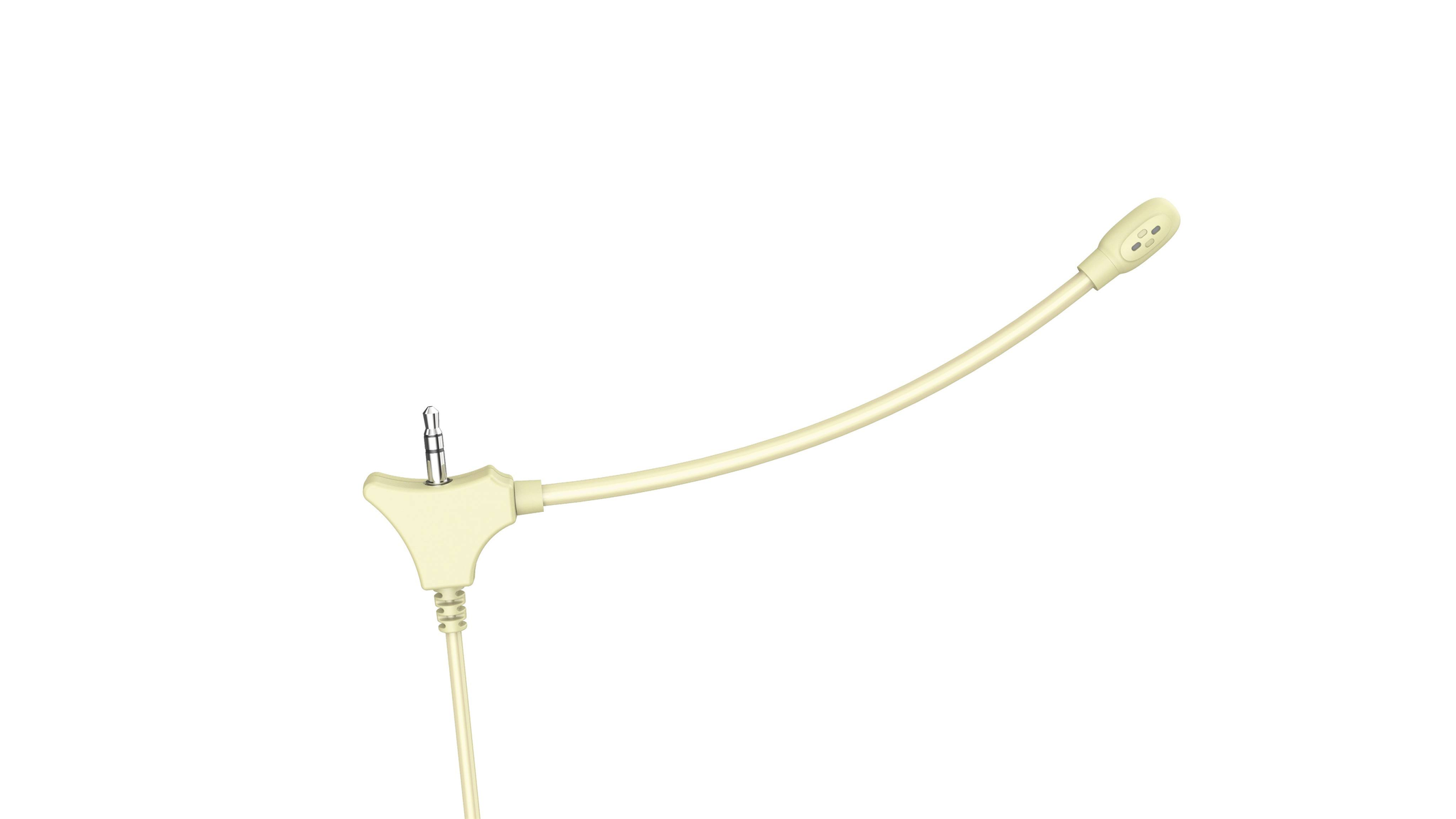Beżowy mikrofon z elastycznym ramieniem. Jest podłączony do gniazda. Mikrofon jest na białym tle.