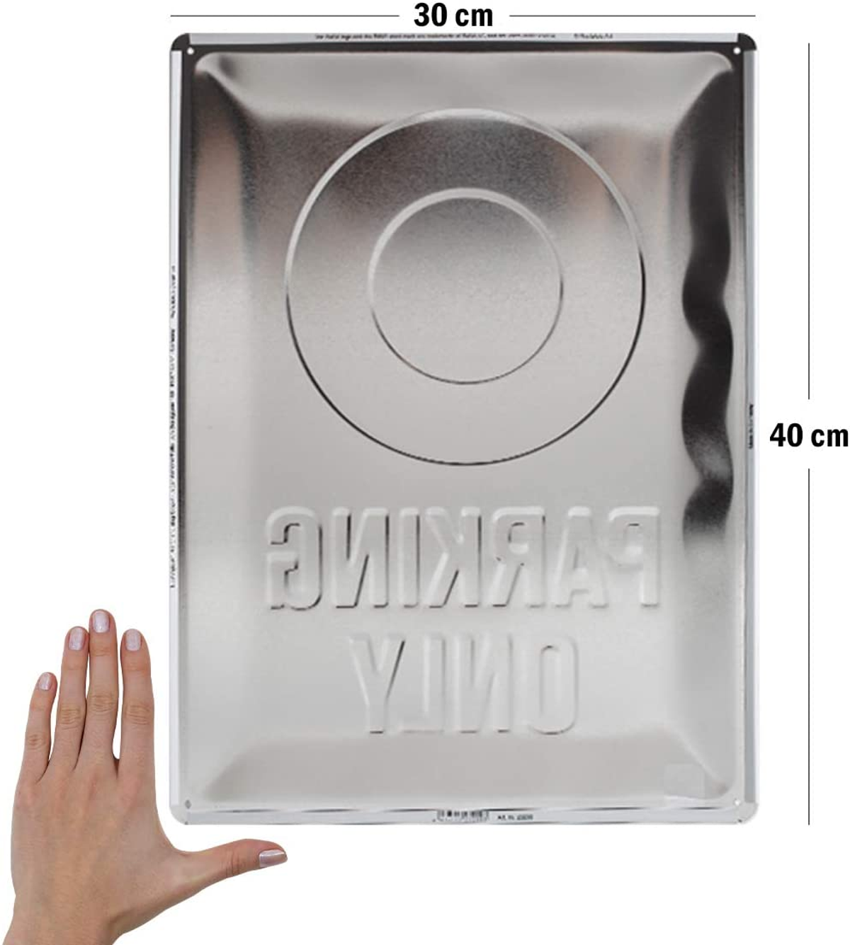 Srebrna metalowa tablica z napisem 'PARKING ONLY' w kolorze białym, z dłonią kobiety po lewej stronie.