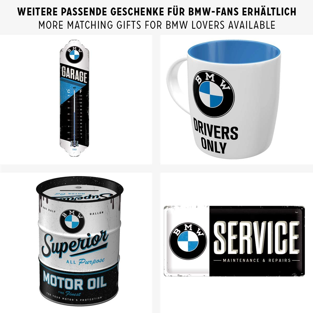 Cztery przedmioty z motywem BMW: termometr, kubek, beczka oleju i znak.