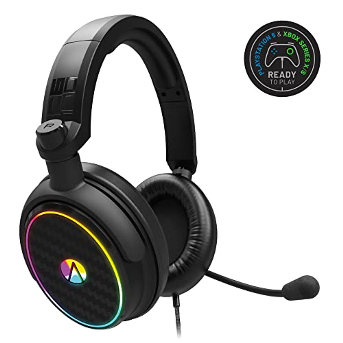 Cuffie da gioco nere con illuminazione RGB. Viene mostrato un logo Playstation e Xbox pronto per giocare.