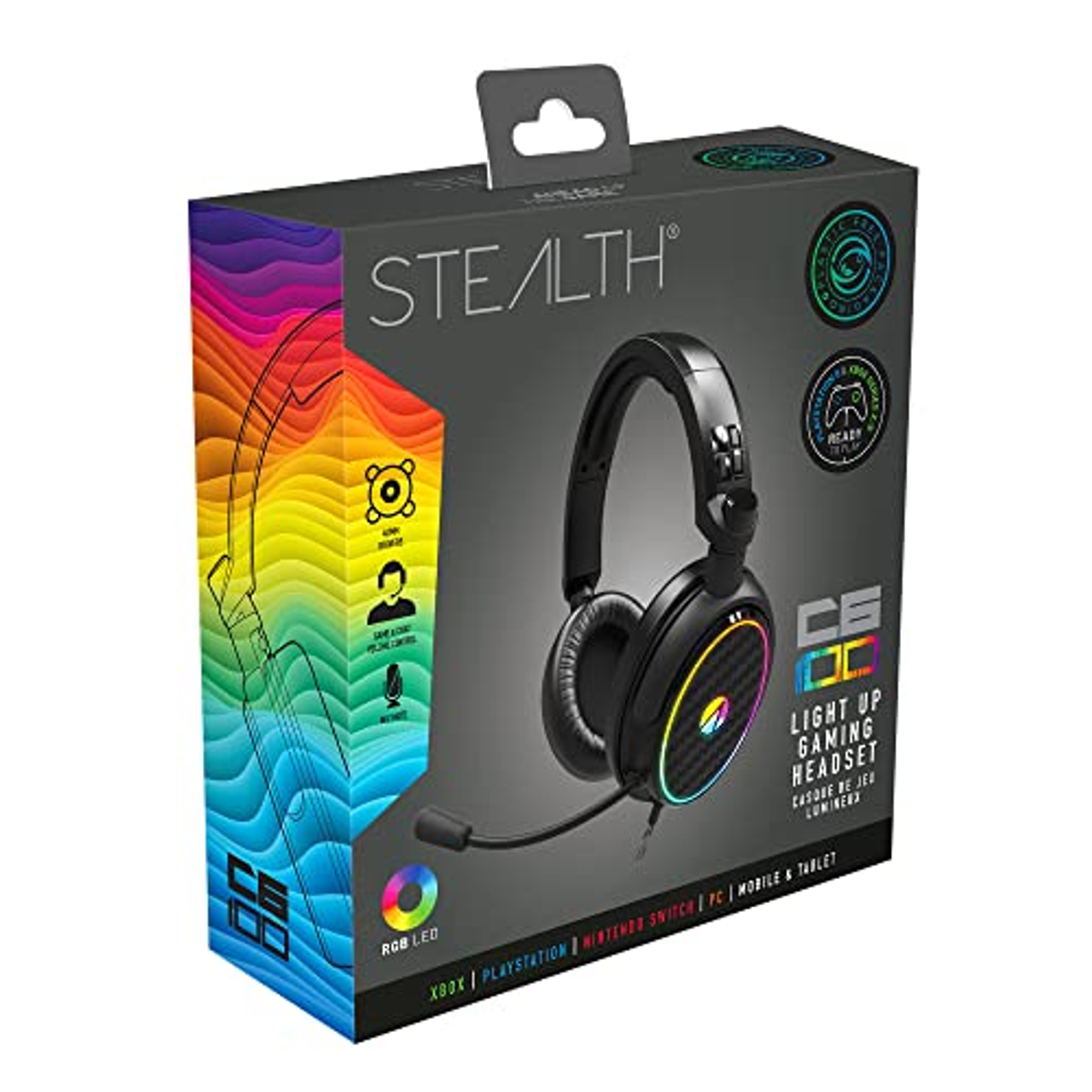 Scatola per cuffie da gioco con design colorato e cuffie. Sfondo nero.