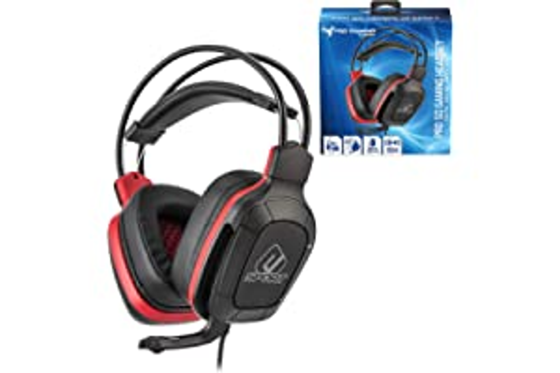 Czarne i czerwone słuchawki dla graczy. Dołączony mikrofon. Pudełko z podobnymi słuchawkami w tle.