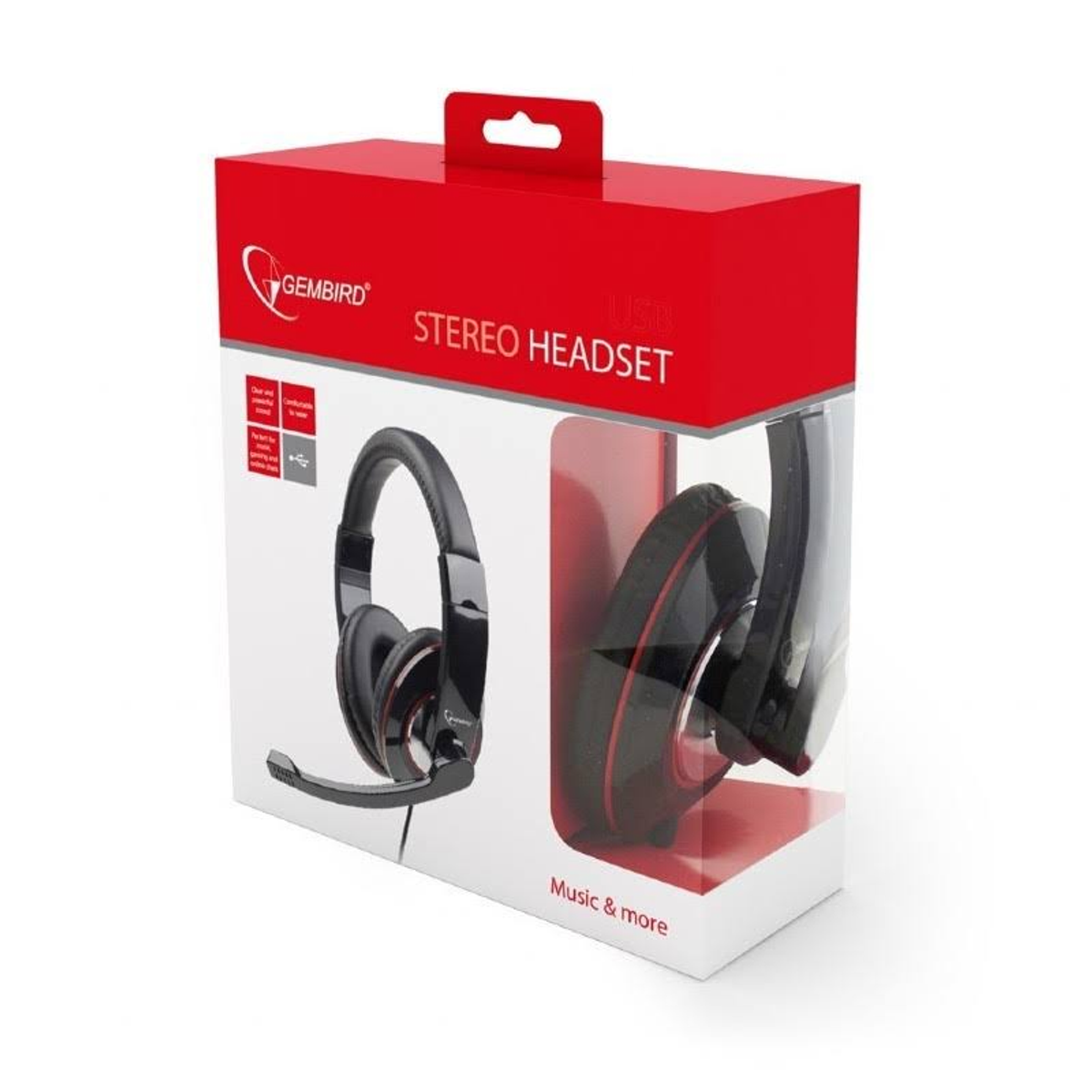 Czarny i czerwony zestaw słuchawkowy stereo w pudełku, z mikrofonem. Pudełko jest czerwone i białe.