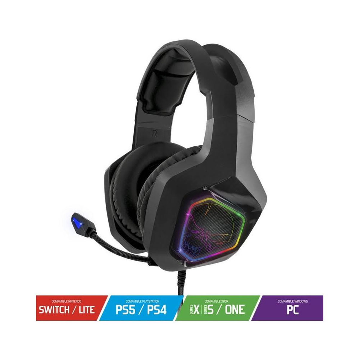 Czarny zestaw słuchawkowy dla graczy z kolorowym podświetlanym wzorem, mikrofonem i ikonami kompatybilności poniżej.