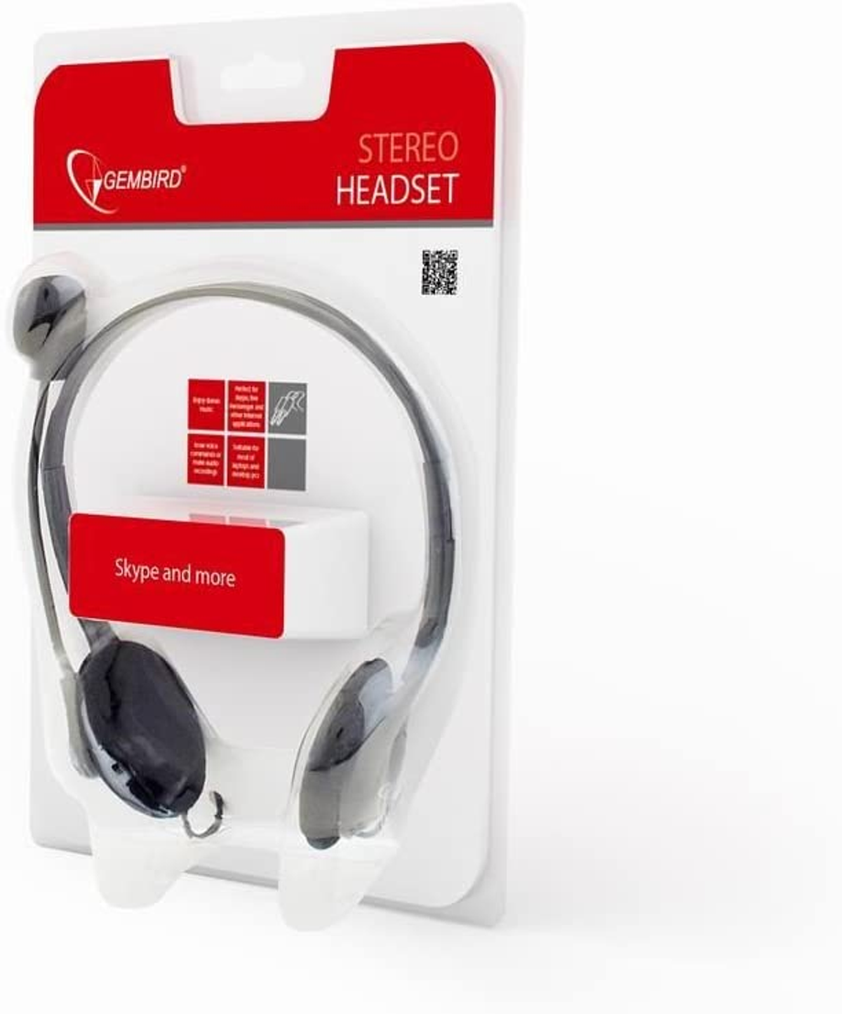 Zestaw słuchawkowy stereo w plastikowym opakowaniu, z mikrofonem i piankowymi nausznikami.