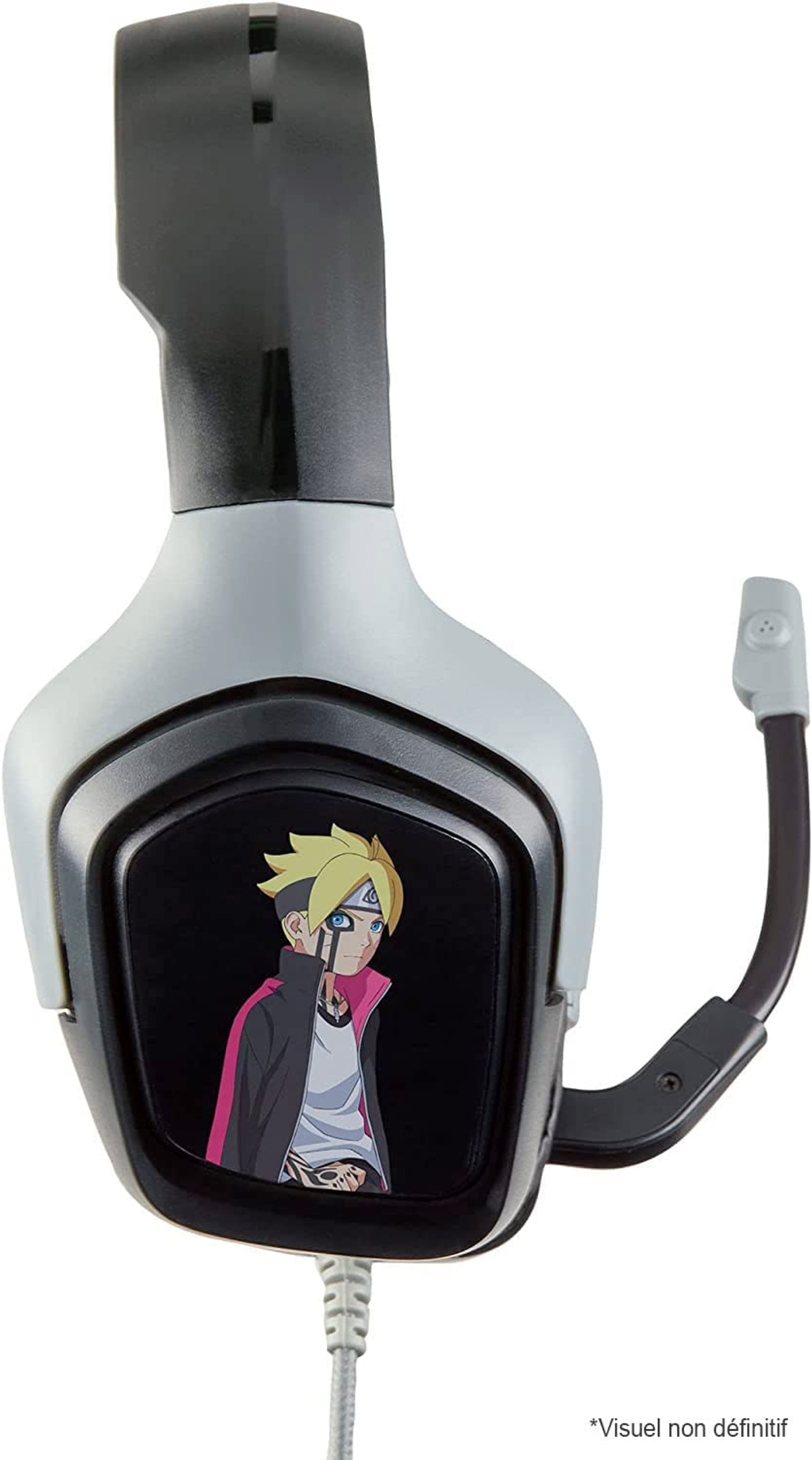 Zestaw słuchawkowy z obrazem Boruto. Szaro-czarny design z mikrofonem.