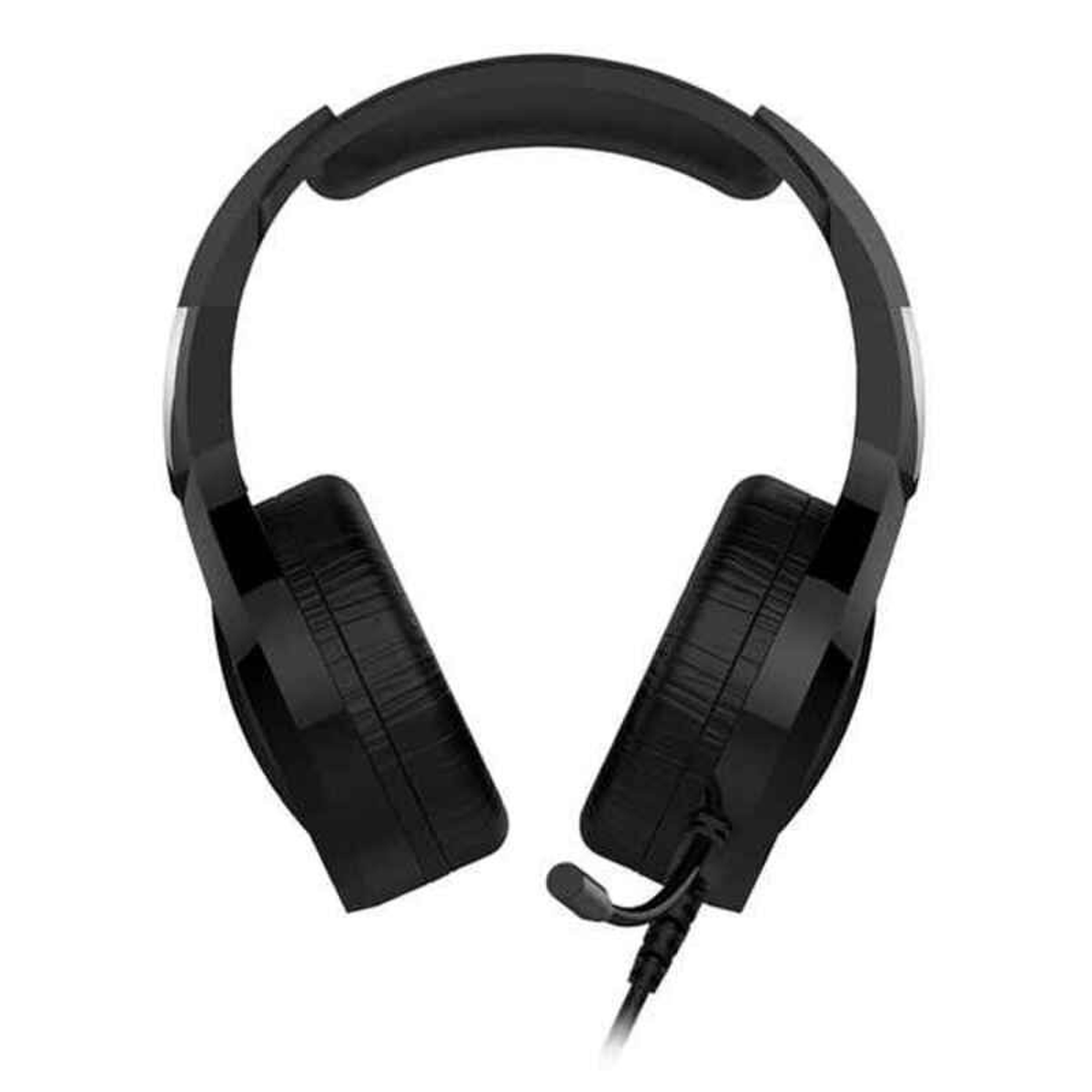 Black gaming headset with a microphone, shot from above, isolated on a white background.
