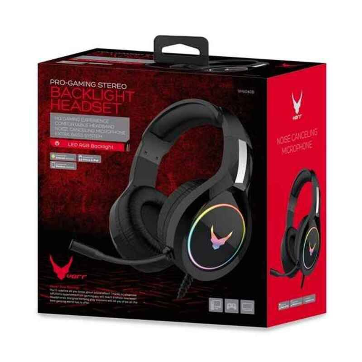 Headphone box with the text PRO-GAMING STEREO BACKLIGHT HEADSET. There's a picture of headphones on the box.