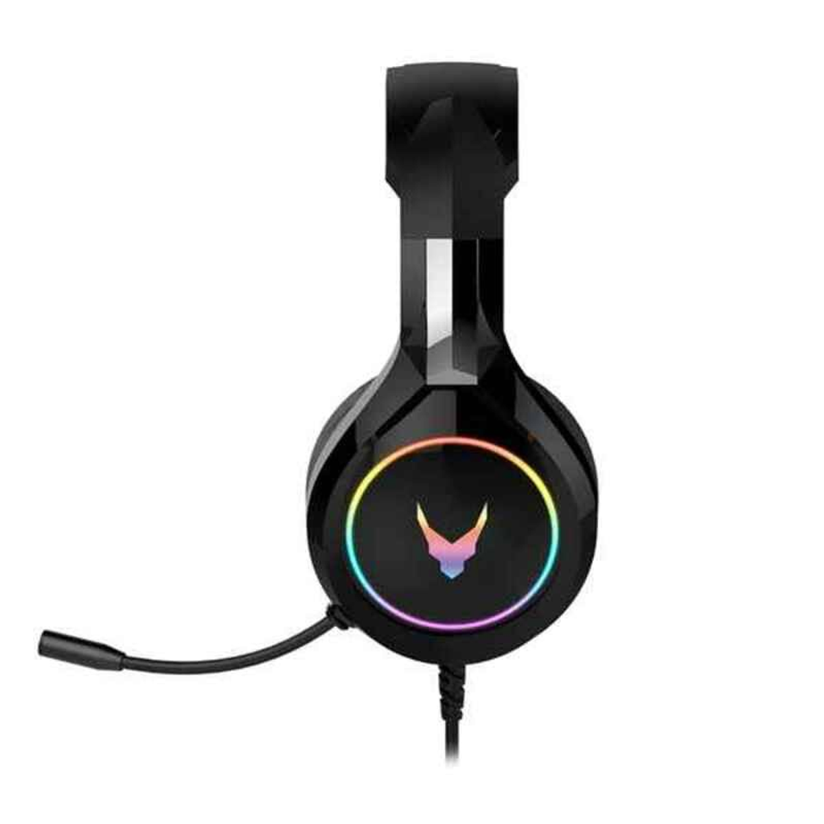 Black gaming headset with a microphone. It has a colorful illuminated logo and a connecting cable.
