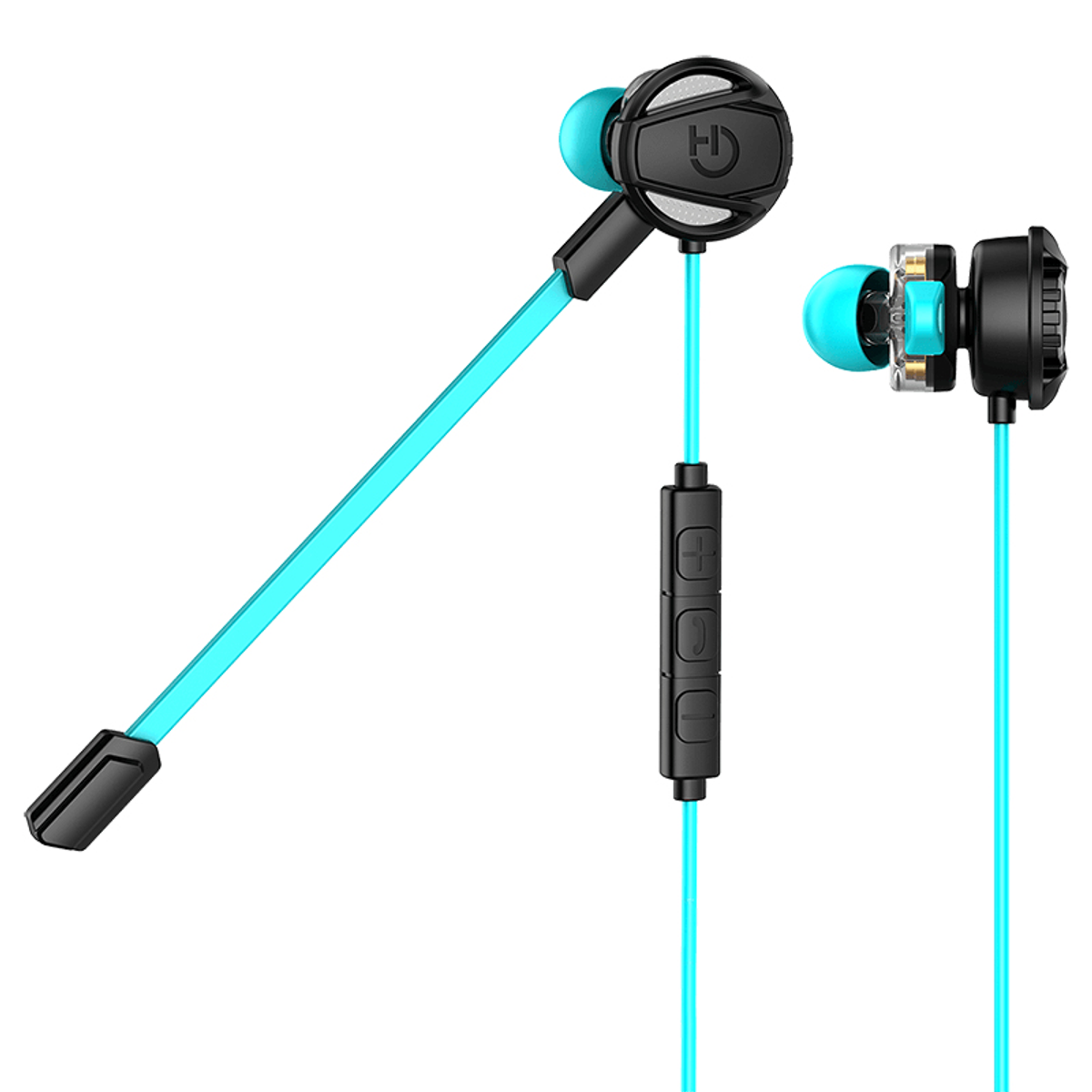 Auricolari con dettagli blu e un microfono. Hanno un controllo nero e un microfono nero.