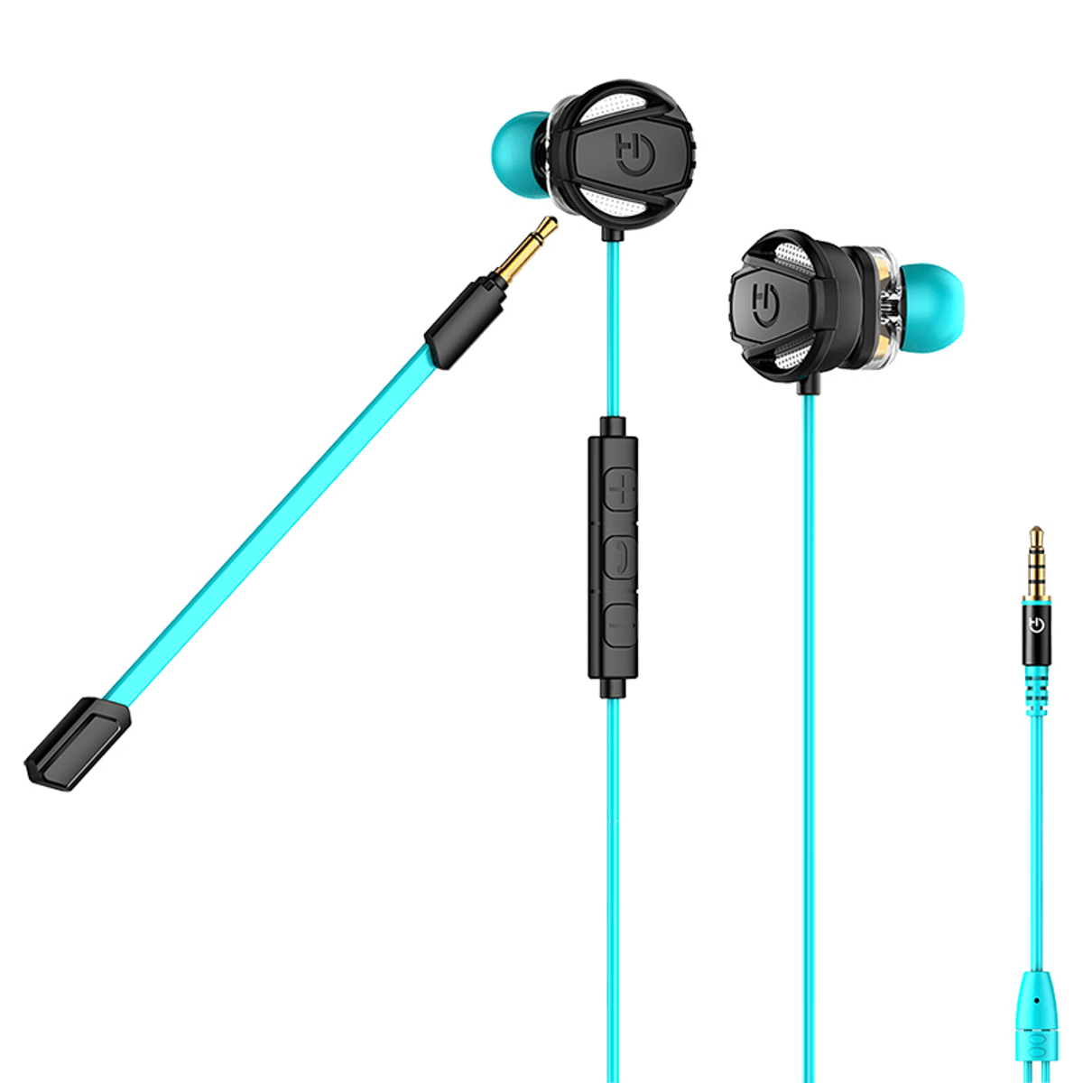 Auricolari da gaming in-ear con microfono. Cavo e controlli color turchese.