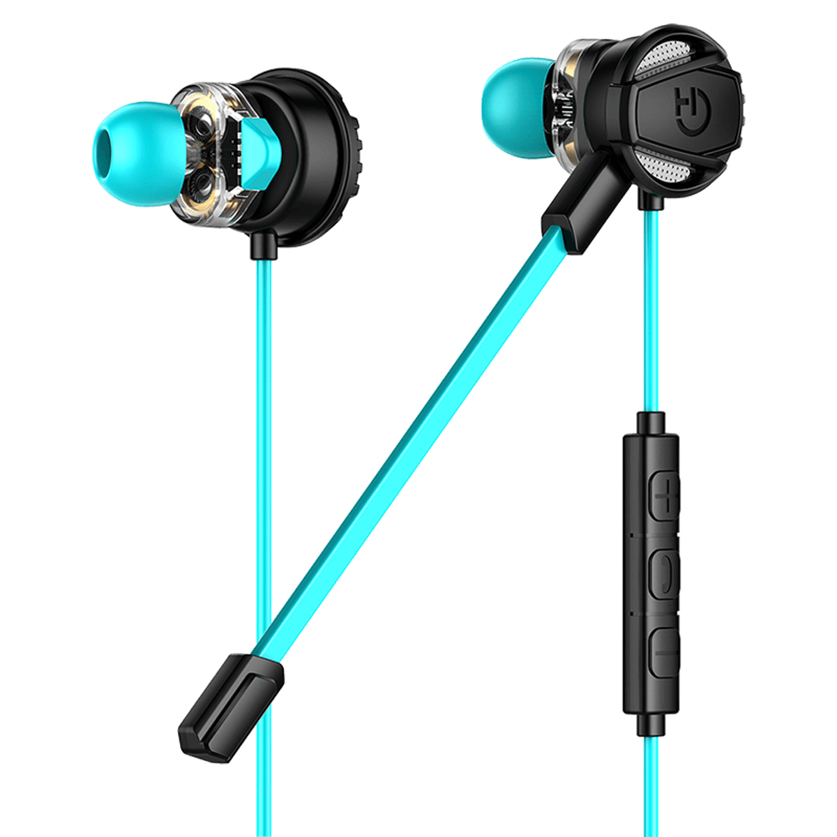 Auricolari: design nero e blu, due auricolari, cavi turchesi e un pannello di controllo.
