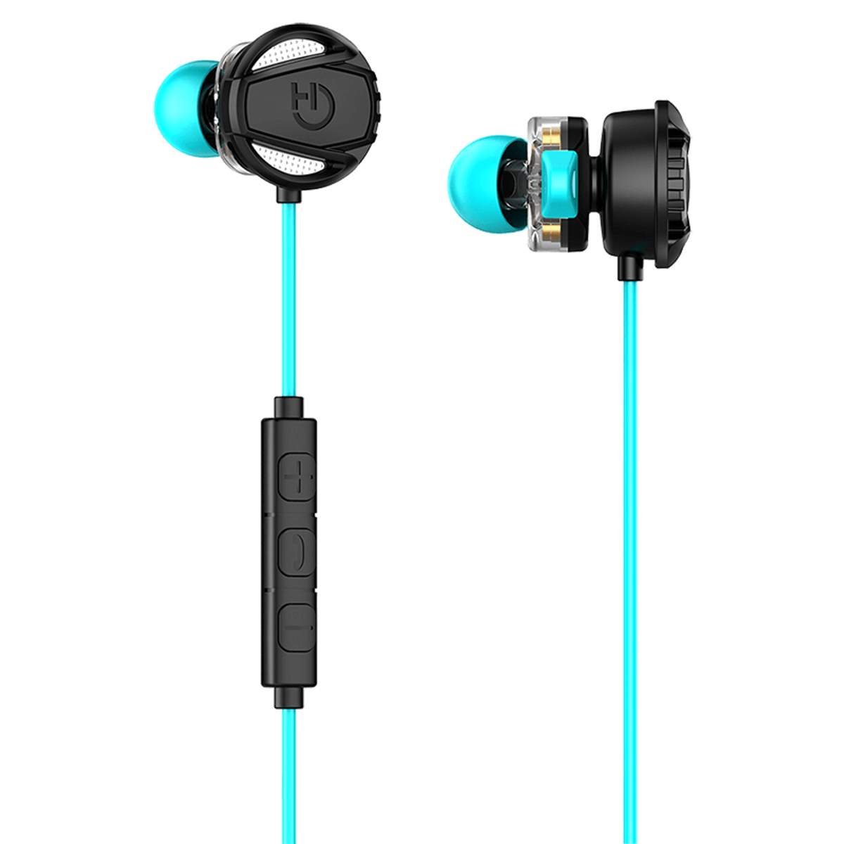 Cuffie in-ear con dettagli neri e ciano, con un telecomando.