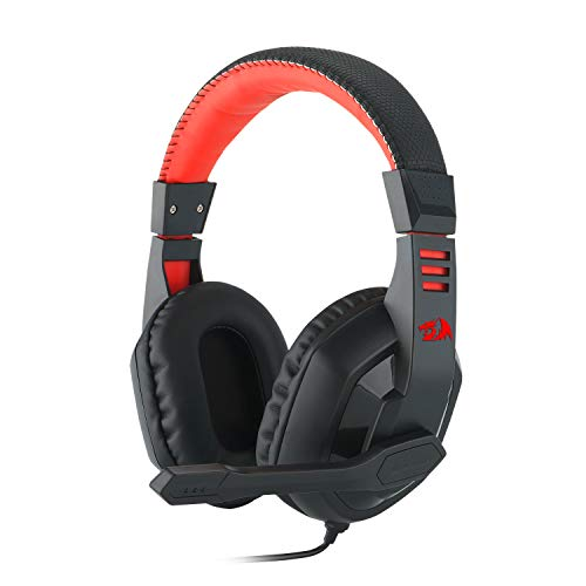 Un auricular negro con detalles rojos y un micrófono. La marca Redragon es visible.