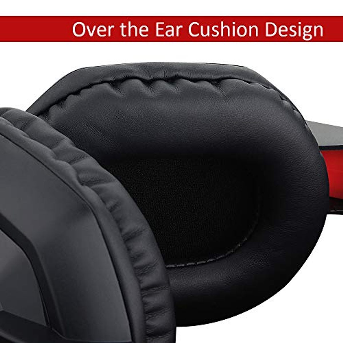 Primer plano de almohadillas negras para los oídos de los auriculares con el texto 'Over the Ear Cushion Design'.