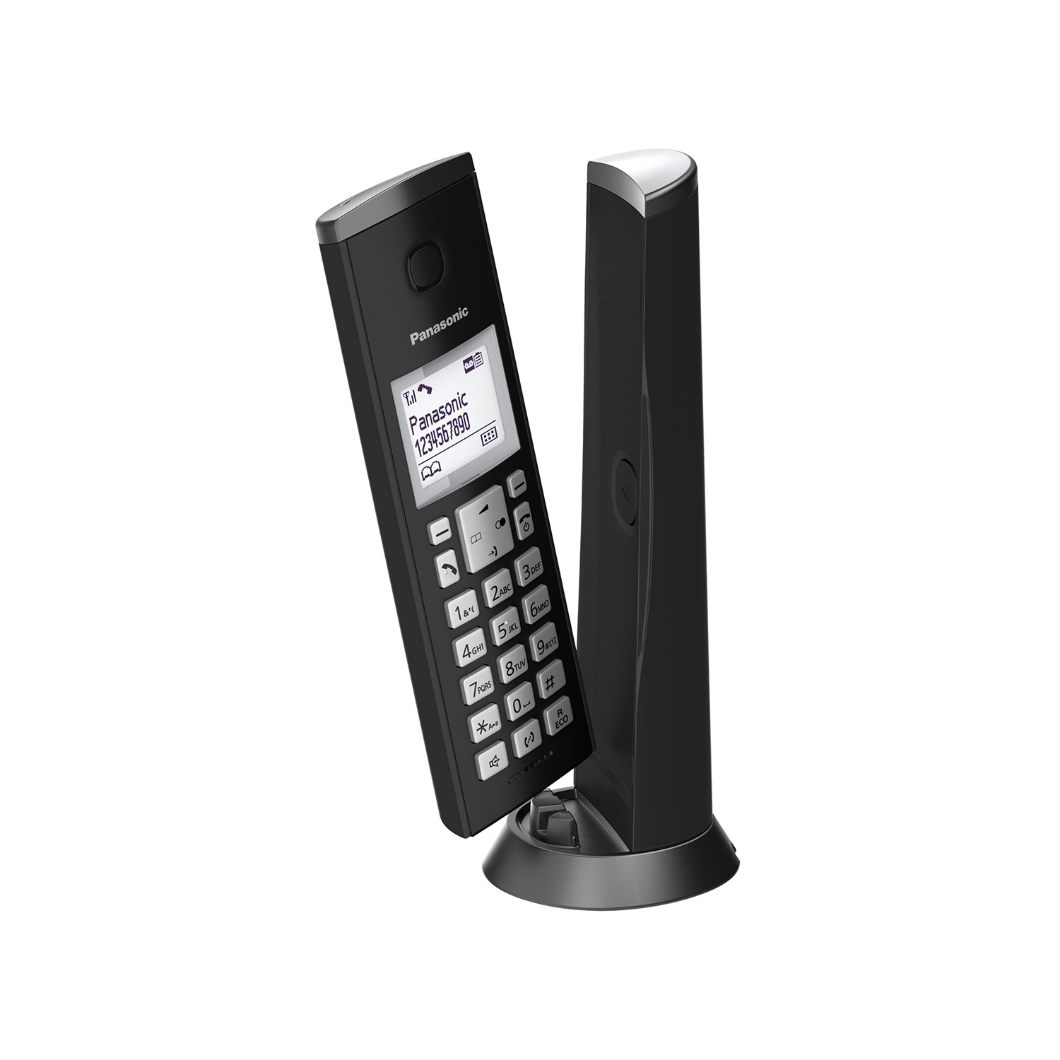 Teléfono inalámbrico Panasonic negro con base, sobre fondo blanco.