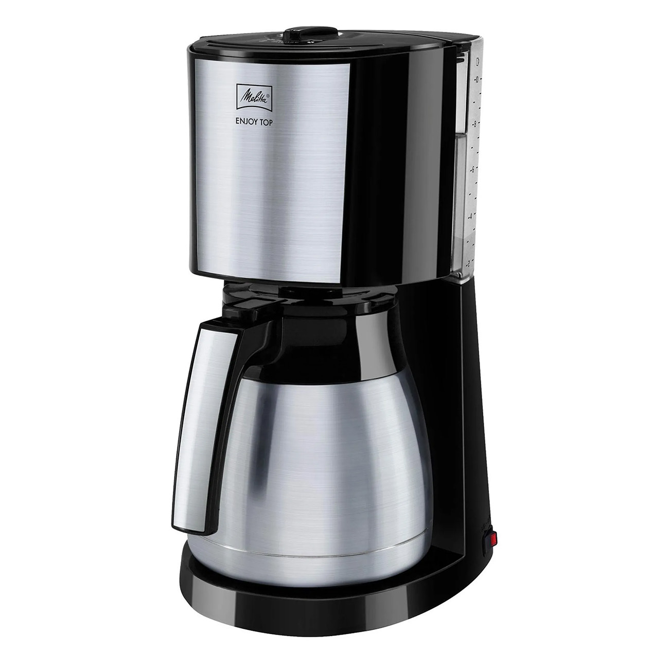 Czarny i srebrny ekspres do kawy z termicznym dzbankiem na czarnej powierzchni, widok z boku.