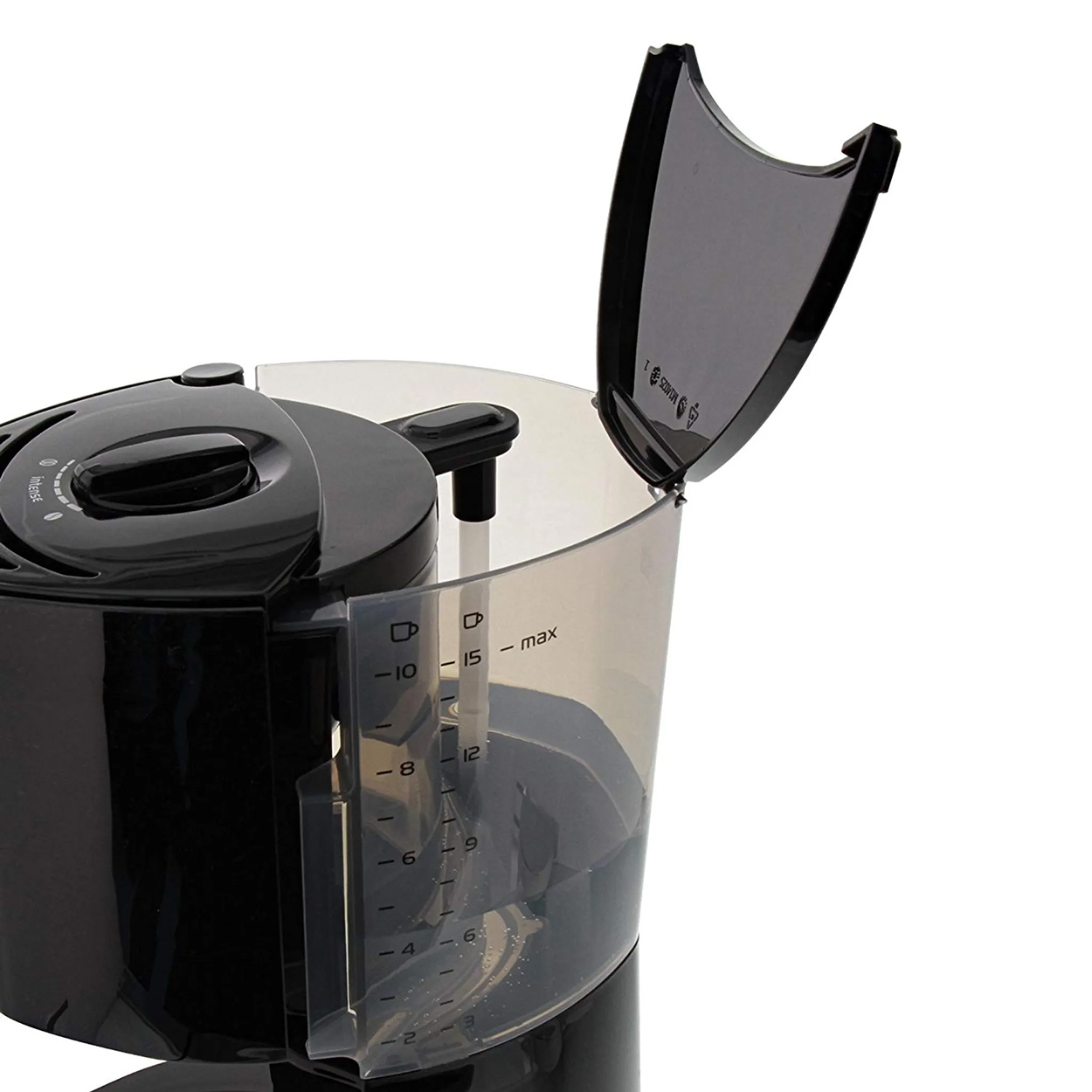 Czarny ekspres do kawy z przezroczystym zbiornikiem na wodę. Pokrywa jest otwarta.