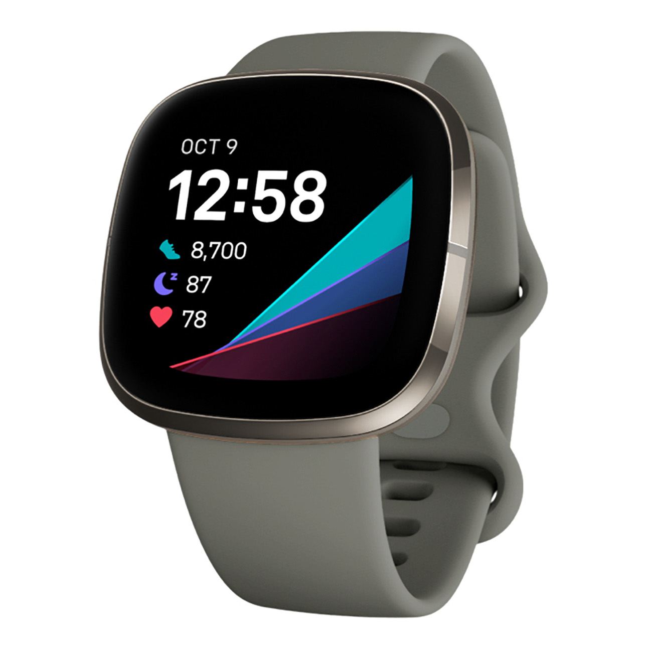 Smartwatch, graues Armband und Gehäuse, schwarzer Bildschirm mit Zeit, Schritten, Herzfrequenz.