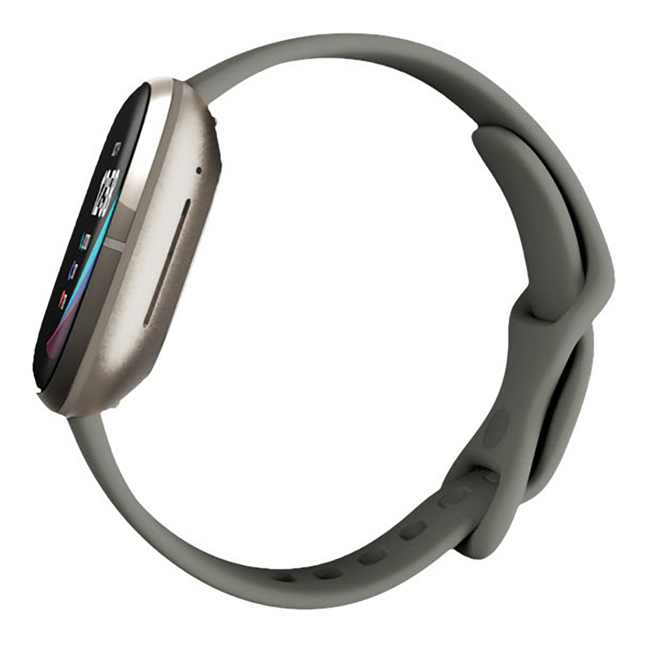 Eine graue Smartwatch mit gebogenem Display und grauem Armband, von der Seite betrachtet, zeigt die Zeit an.